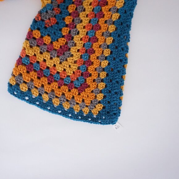 VTG Handmade Crochet Granny Square Cardigan Teal Mustard Retro Boho Sweater L - Picture 5 of 11